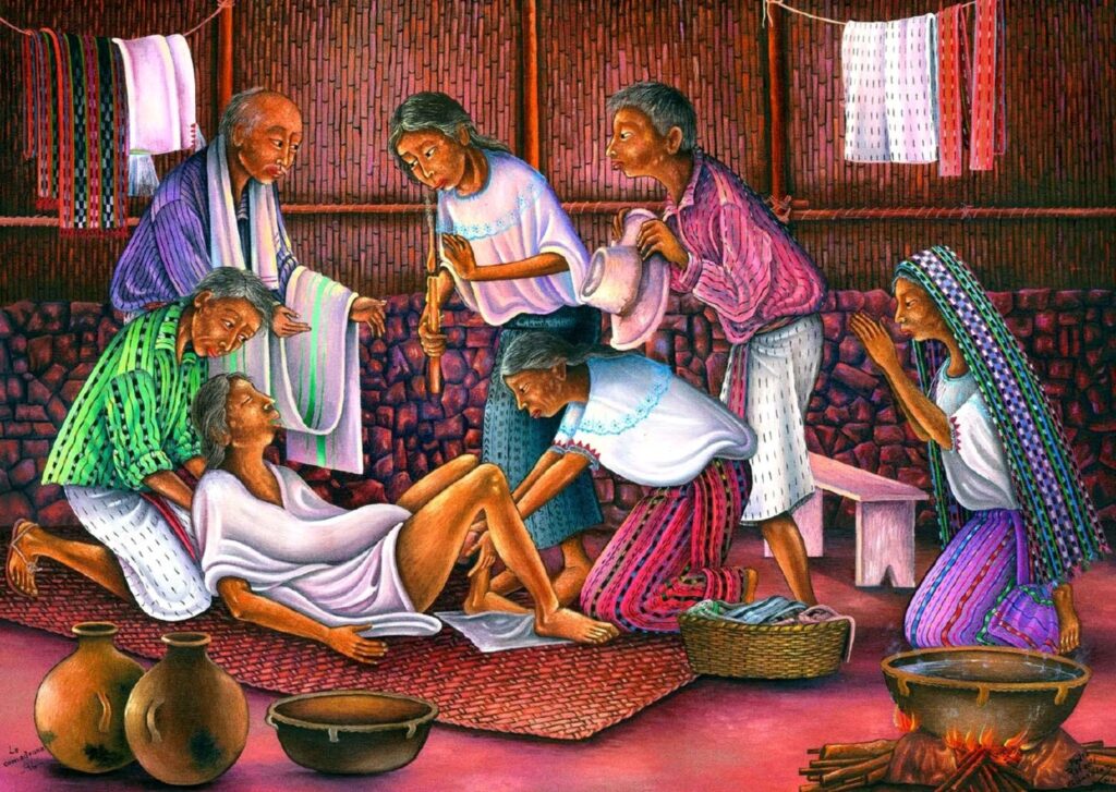 Painting of indigenous women attending a birth