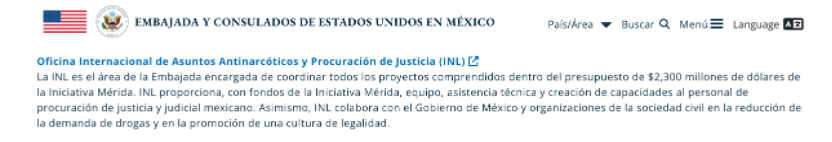 Screenshot of the U.S. Embassy in Mexico web page describing the Bureau of International Narcotics and Law Enforcement Affairs (INL)
