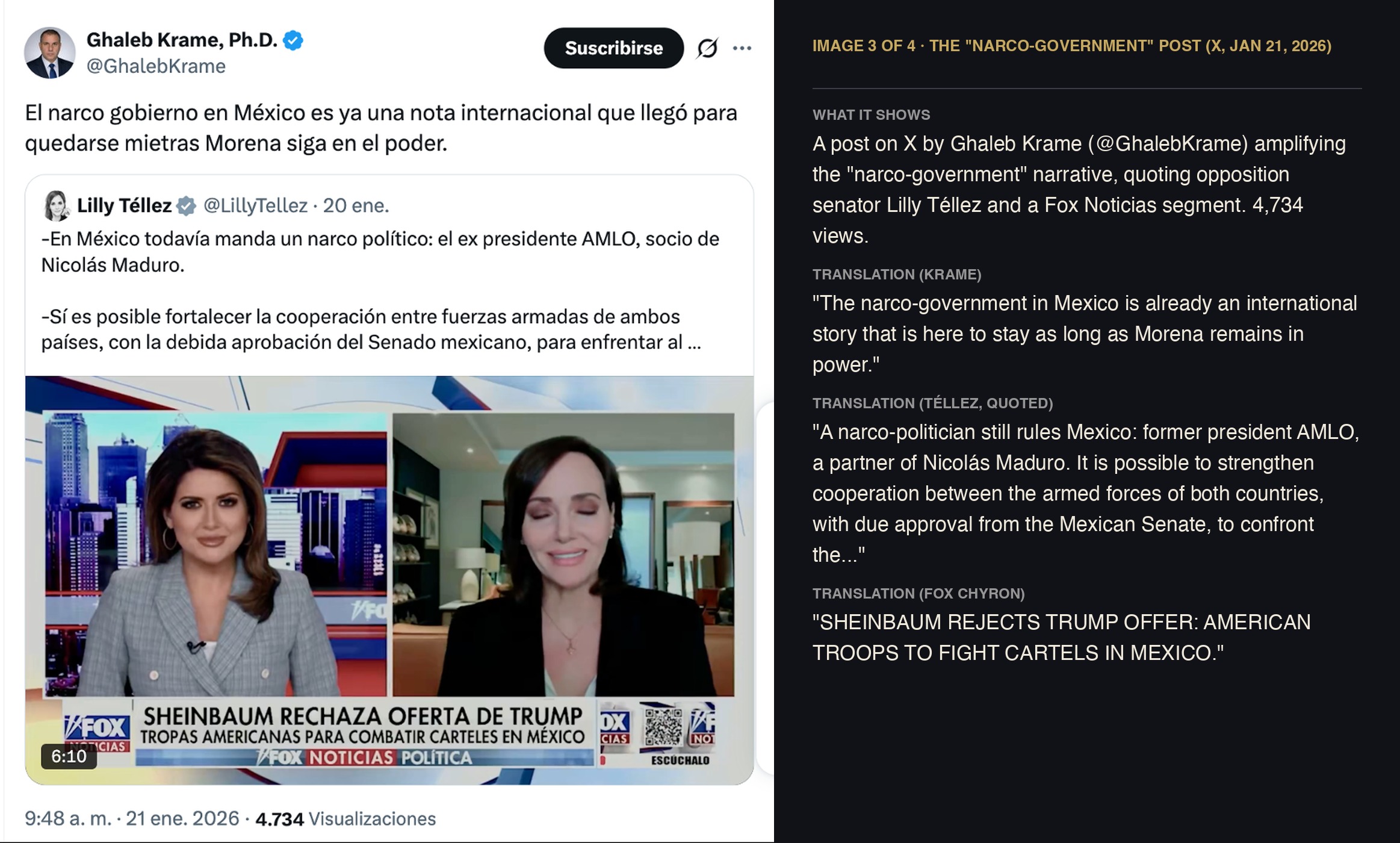 X post by Ghaleb Krame calling Mexico a narco-government while Morena remains in power