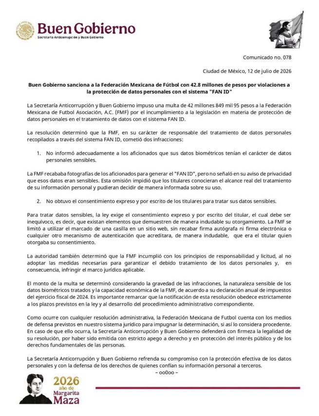 Official communiqué from Mexico's Secretariat of Anti-Corruption and Good Governance announcing the sanction