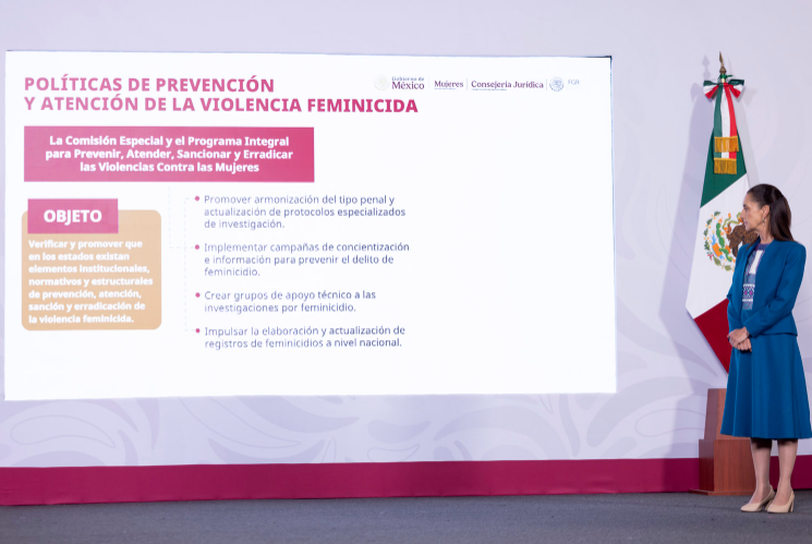 A presentation slide on policies for the prevention and care of femicidal violence.