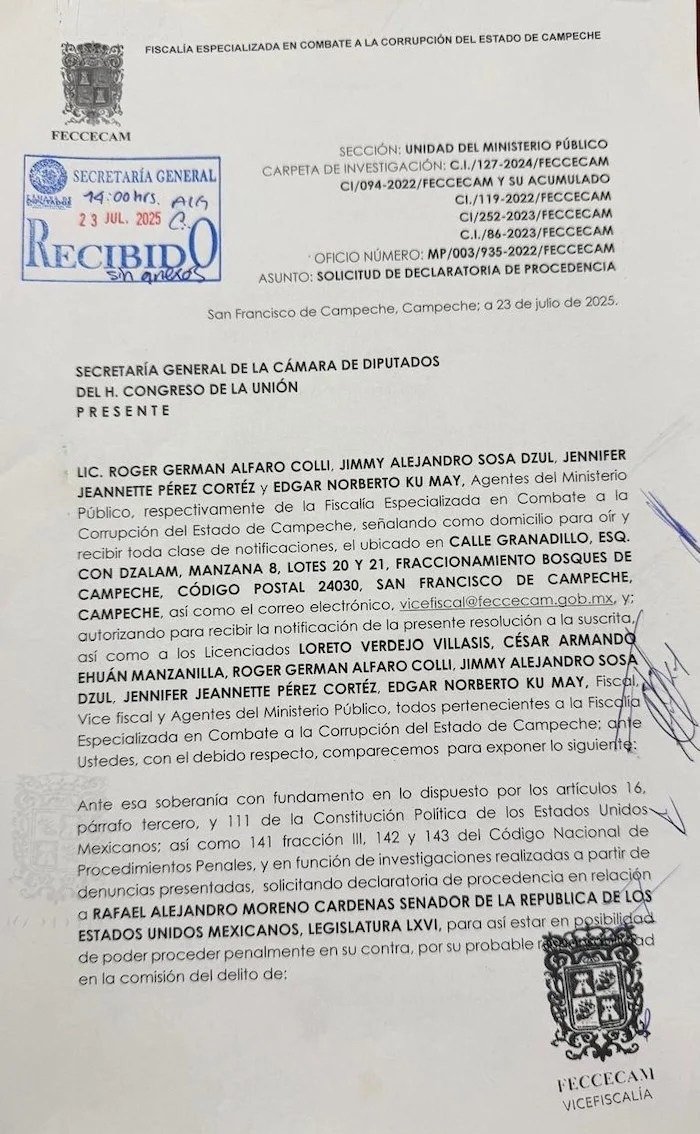 Page from the Campeche prosecutor's file against Alejandro Moreno