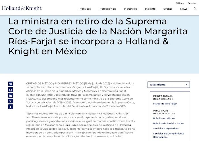 Holland & Knight statement on the hiring of Margarita Ríos Farjat