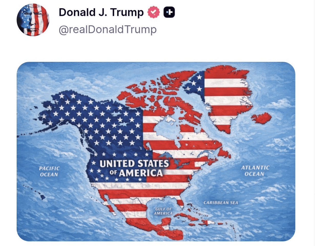Map circulated by Trump showing North American territories under U.S. flag elements