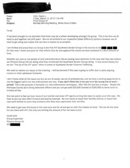 Declassified email from ATF supervisor David J. Voth to Group VII agents