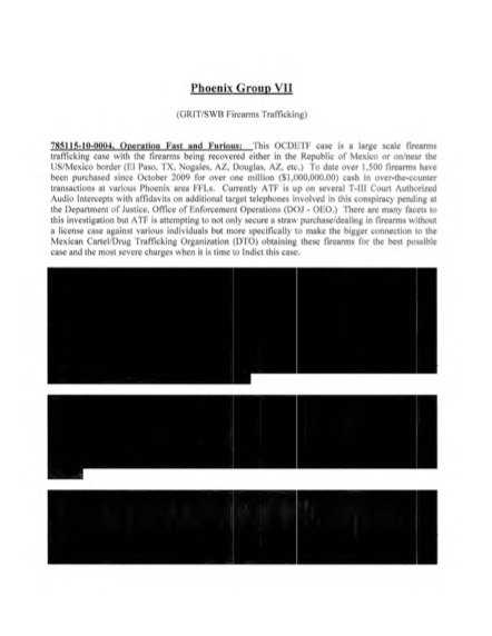 Declassified document on Operation Fast and Furious, Phoenix Group VII