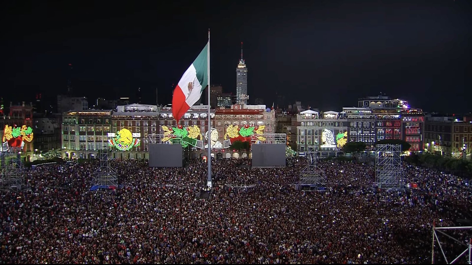 Crowds fill the Zócalo under the giant Mexican flag for the Grito de Independencia