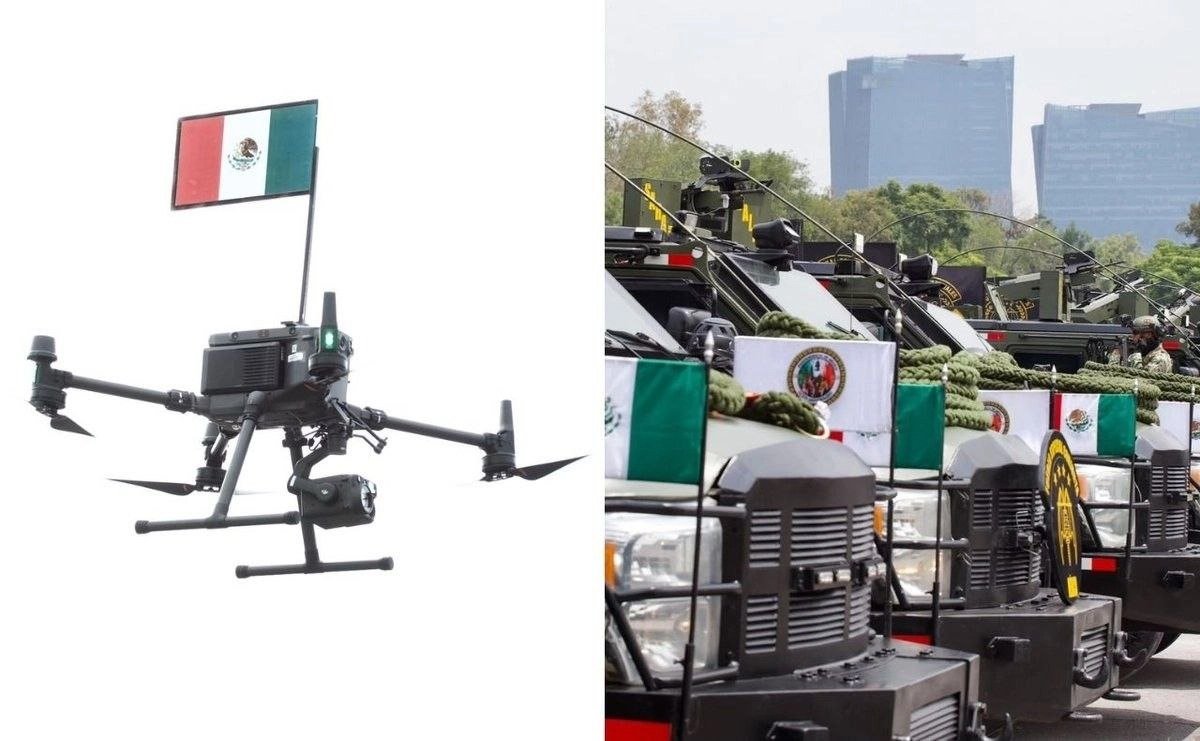 A tactical drone with a Mexican flag and a row of armored military vehicles