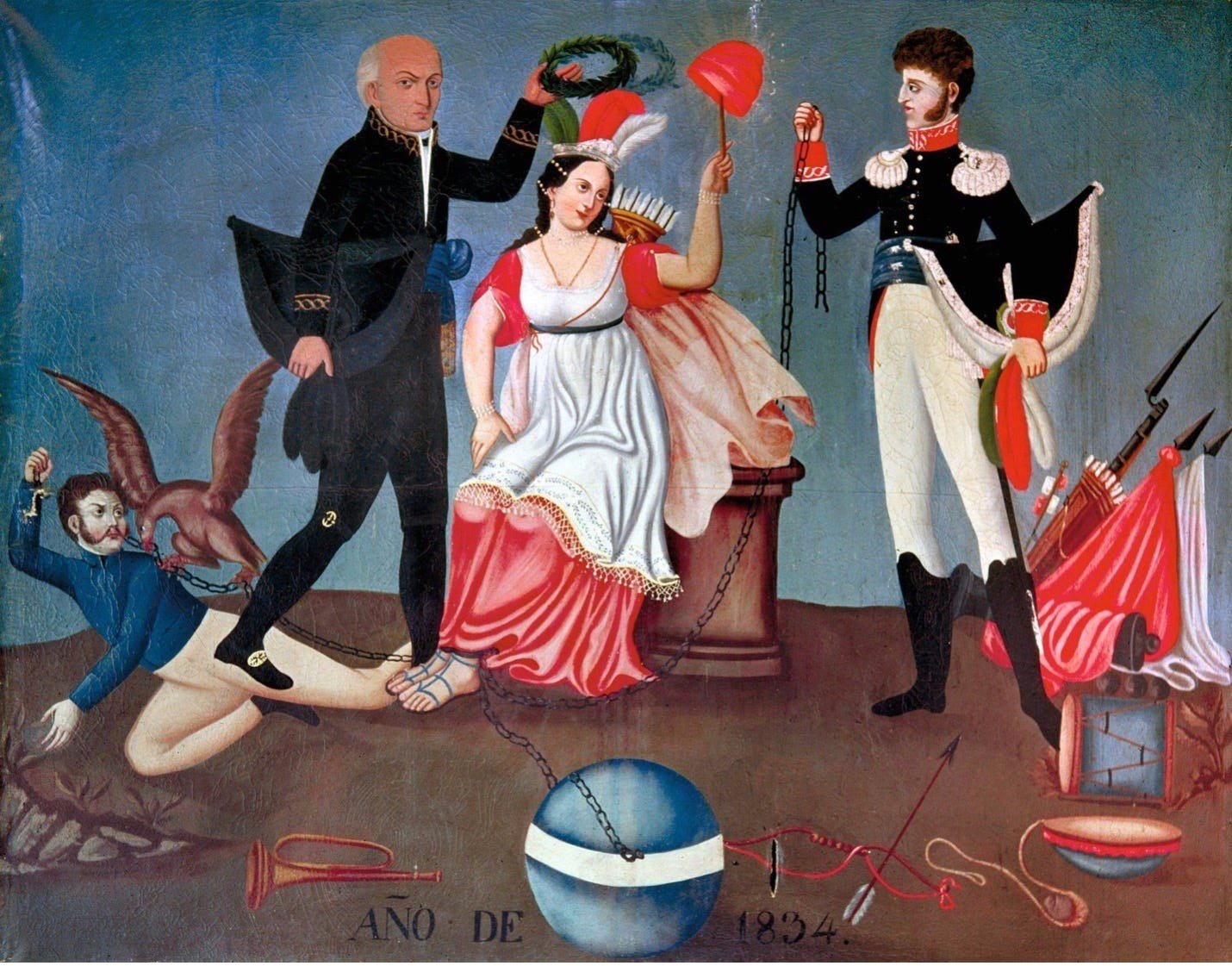 The allegorical figure representing Independence (center) flanked by Miguel Hidalgo (left) and General Agustín Iturbide