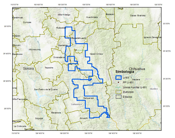 Map of the Li-Mx 1 lithium mineral reserve in Sonora