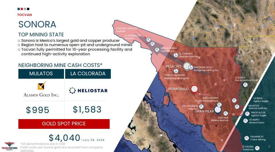 Map of Tocvan Ventures' presence in Sonora