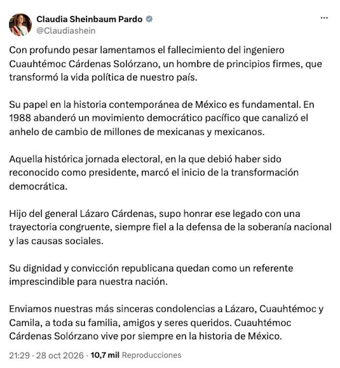 Screenshot of President Sheinbaum's message on X mourning Cuauhtémoc Cárdenas