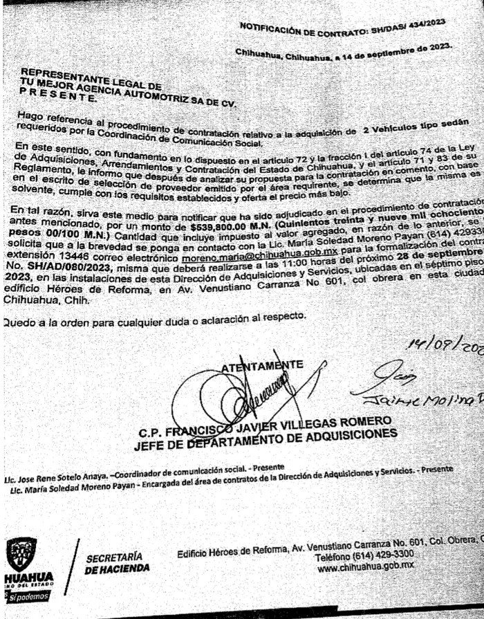 Contract between the company Tu Mejor Agencia Automotriz and the Government of Chihuahua