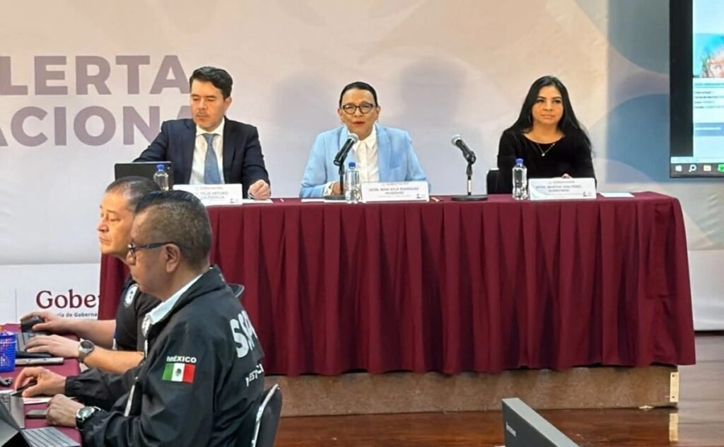 Secretary of Governance Rosa Icela Rodríguez at a press conference at the National Immediate Search Alert command post
