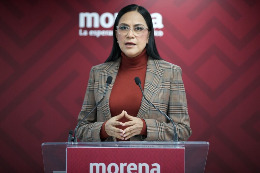 Morena national leader Ariadna Montiel speaks at a press conference at the party headquarters